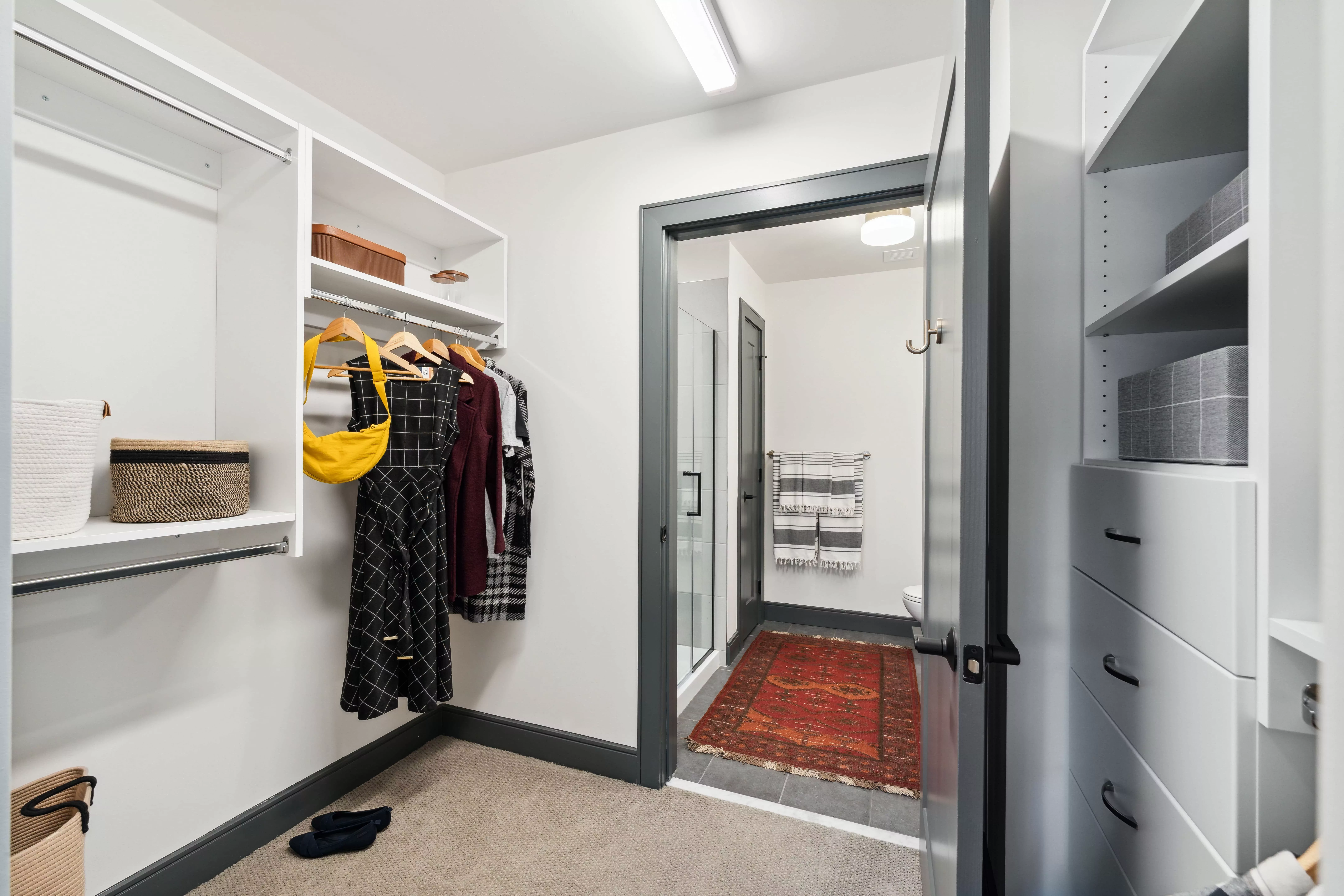 Oversized closet with built-shelves, white walls, and light-colored carpet that opens into the bathroom
