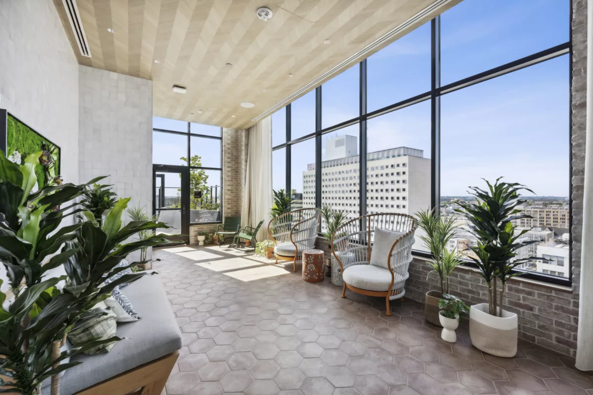 Rooftop lounge with greenery, bench and chair seating, and large windows with city views